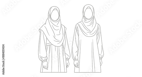 Two women wearing hijabs outlined in a minimalist style a striking silhouette