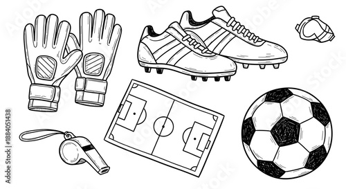 Collection of soccer related items including ball, cleats, gloves, and field diagram.