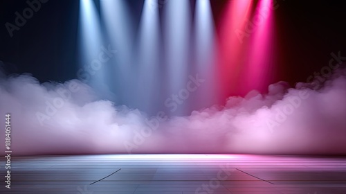 Dramatic Stage Background with Colorful Lights and Fog Ideal for Performance, Presentation, or Creative Art Projects in a Studio Setting