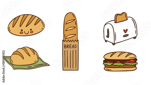 A cartoon illustration of various types of bread and a toaster