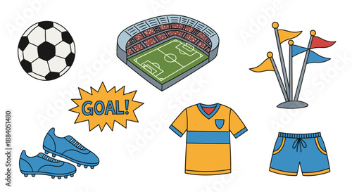 Soccer team equipment and stadium cartoon illustration.
