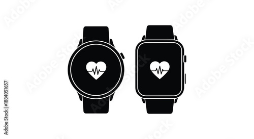 Two smartwatches with heart rate monitors displayed showing a distinct black silhouette