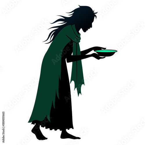 Silhouette vector illustration of a hungry beggar wearing a dirty saree