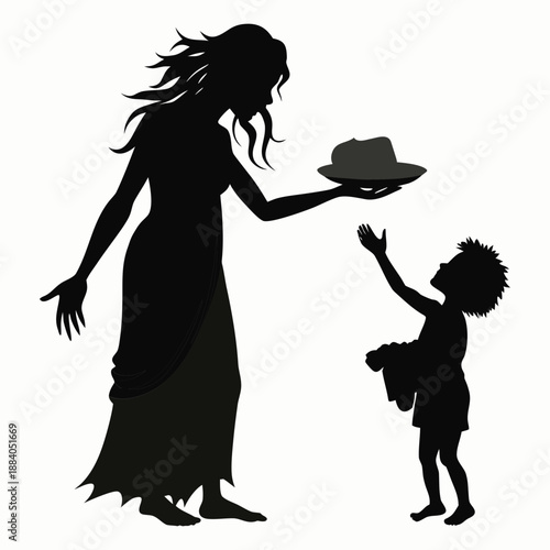 Silhouette vector illustration of a hungry beggar wearing a dirty saree