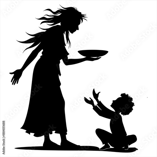 Silhouette vector illustration of a hungry beggar wearing a dirty saree