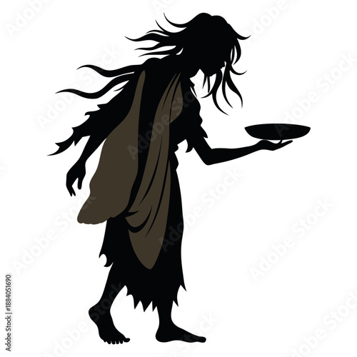 Silhouette vector illustration of a hungry beggar wearing a dirty saree