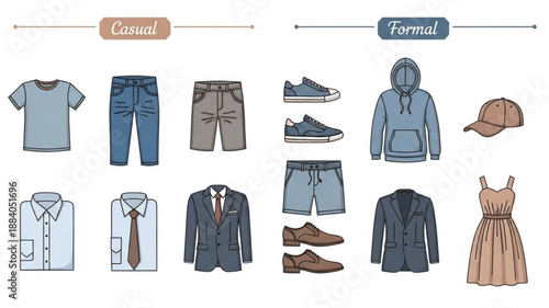 Collection of casual and formal clothing items for men and women.