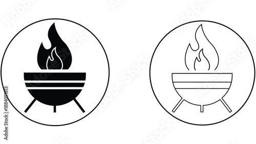 Two barbecue grill icons with flames on a white background