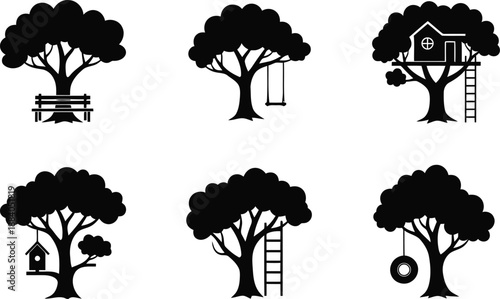 Tree silhouettes with structures set Vector