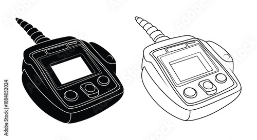 Detailed illustration of two portable payment terminals presented in contrasting styles silhouette