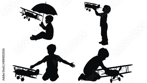 A set of silhouettes of children playing with toy airplanes