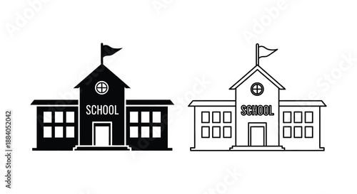Two school buildings with flags depicted in a stark black and white silhouette