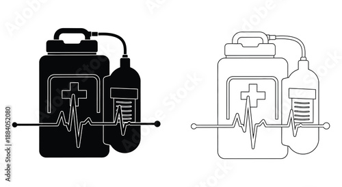 Medical oxygen tank with a heart rate line black and white design silhouette