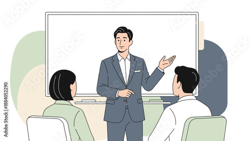 Business Trainer Presenting to Audience in Meeting Room with Whiteboard