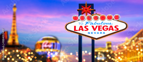 Las Vegas, Nevada, United States of America. 01-15-2026 Welcome to Fabulous Las Vegas Neon Sign With Sunset Beautiful Cloudy Sky
