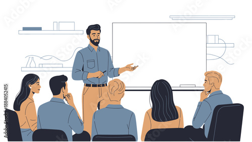 Businessman leading presentation to attentive audience in modern office