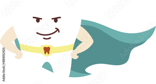 A cartoon superhero tooth character with a yellow belt and teal cape, standing confidently with hands on hips, representing dental health.