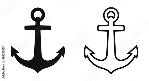 Simple black and white depiction of two different style anchors a bold silhouette