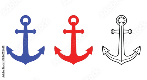 Colorful anchors in blue red and grayscale a nautical emblem silhouette