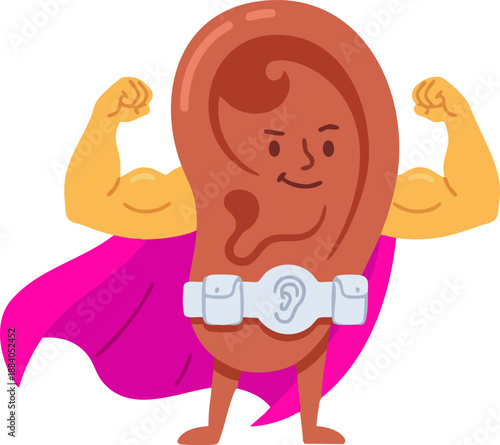 A strong, muscular cartoon ear character wearing a pink cape and a championship belt, flexing its biceps.