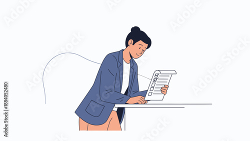 Businesswoman checking checklist, focused on task completion at desk