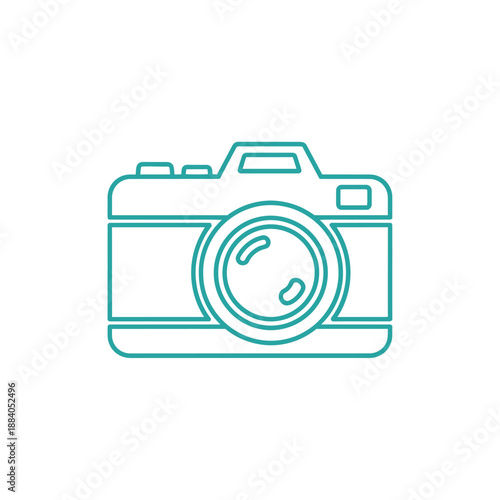Minimalist teal outline of a vintage camera on a white background