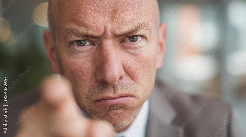 Fototapeta premium Close-up portrait of a middle-aged man with a bald head and blue eyes. he is wearing a suit and tie and is pointing his index finger towards the camera with a serious expression on his face.