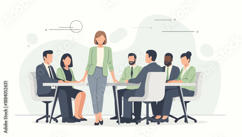 Businesswoman leading team meeting, diverse professionals collaborating around a table