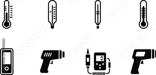 Temperature measurement device icon set featuring thermometers infrared guns and digital sensors isolated on white background modern flat vector illustration
