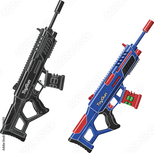Toy foam dart blaster guns in black and blue colors, kids play equipment illustration, safe recreational shooting game concept, isolated on white background