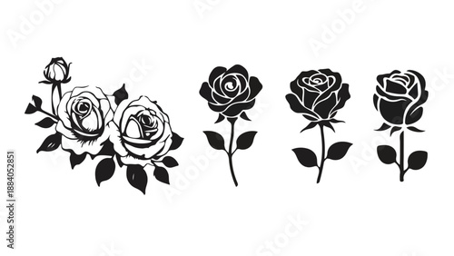 A set of black and white rose silhouettes on a plain background