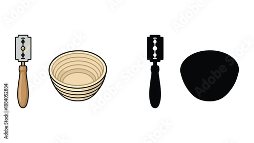 An illustration of razors and bowls on a clean white background