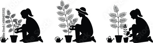 Gardening silhouettes of people planting and watering potted plants, eco friendly lifestyle, home gardening, nature care concept, isolated black figures on white background