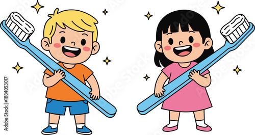 Happy boy and girl holding oversized toothbrushes, kids dental hygiene illustration, oral care education concept for children, cute cartoon characters isolated on white background