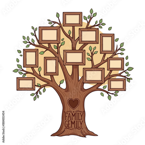 Illustration of a family tree with empty picture frames on branches and 'Family Gemily' on the trunk against a clean white background.