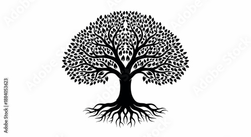 Black silhouette of a tree with exposed roots and a full canopy against a white background.