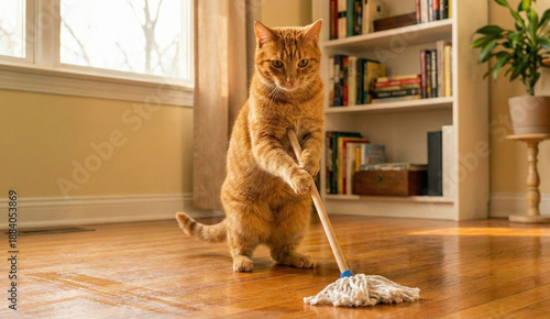 A cat is mopping the floor.