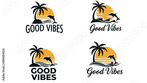 A set of good vibes logos with palm trees and dolphins