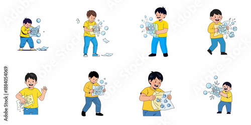 Vector illustration set of young boys cheerfully popping protective bubble wrap, symbolizing joy and play.