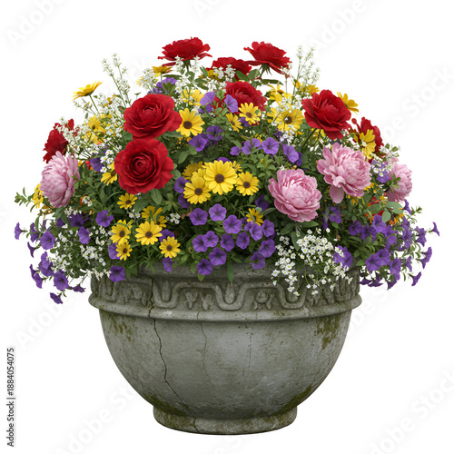 Bouquet of colorful flowers in an outdoor pot.