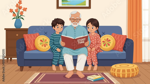 Grandfather Reading with Grandchildren on Sofa.