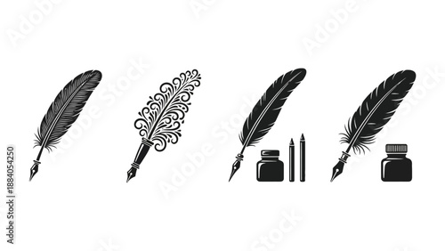 A set of quills and writing instruments on a white background