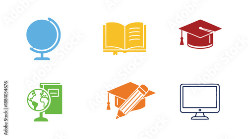 A colorful illustration of global education tools on a white background