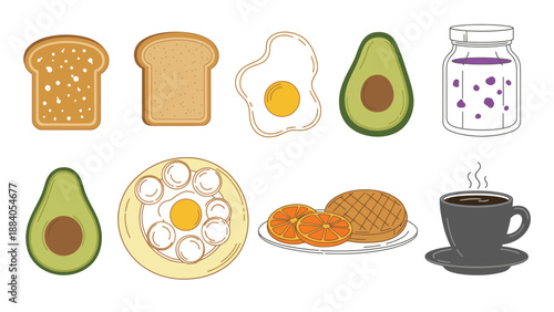 A colorful illustration of various breakfast foods on a white background