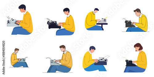 Set of 8 cartoon illustrations featuring various writers and journalists using vintage mechanical typewriters, symbolizing literature, creativity, and communication.