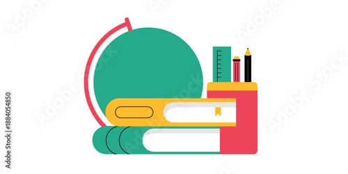 A colorful vector graphic of a globe surrounded by books and stationery
