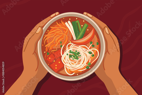 Top Down Hands Holding Kimchi Ramen Bowl