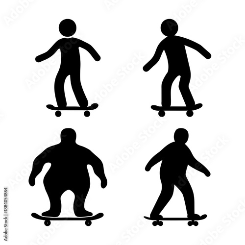 Diverse body types engaged in skateboarding activity in a simple silhouette icon set