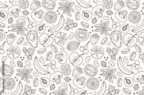 Hand drawn vegan food seamless pattern with fruits vegetables nuts herbs mushrooms line art doodle on light background. Plant based diet vector texture for organic packaging, textile, menu, healthy li
