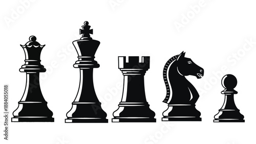 A set of chess pieces on a plain white background